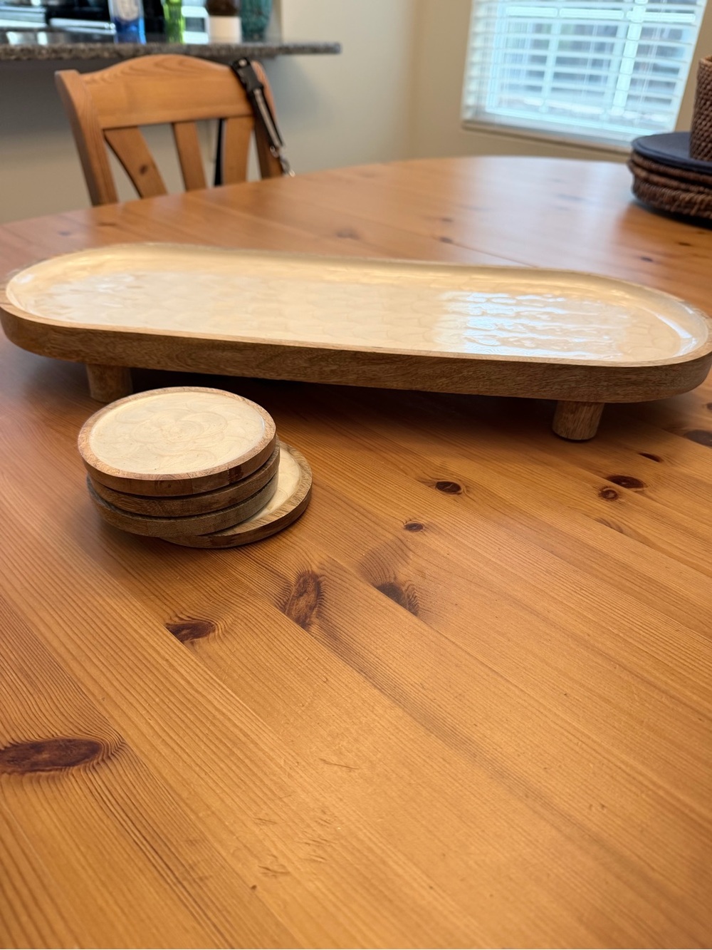 Wooden Elevated Tray with Ceramic Inlay - Cream with matching coasters
